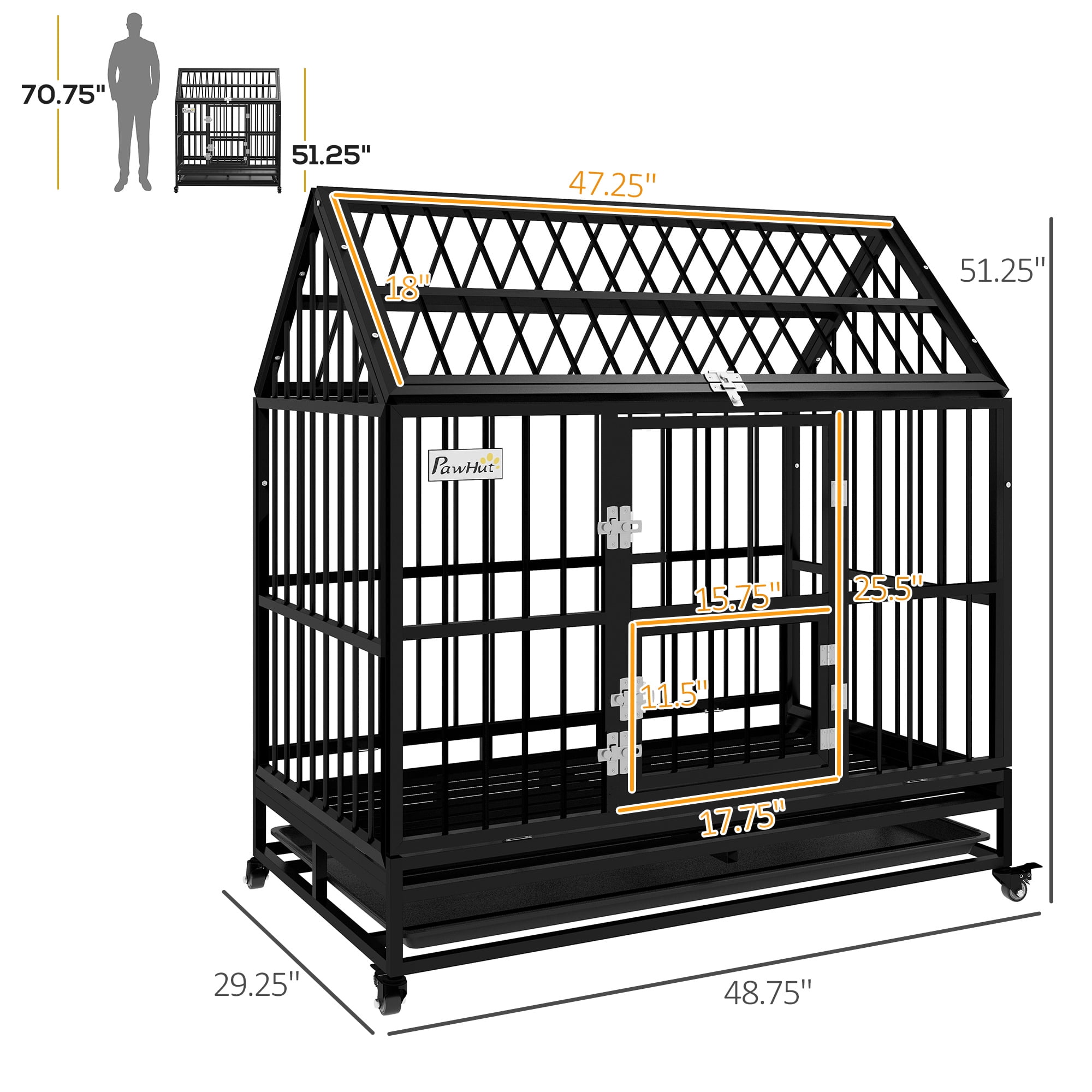 PawHut 49" Steel House Dog Crate with Wheels, Black