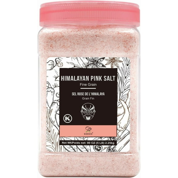 Soeos Himalayan Pink Salt, Fine MDA05 Grain, 80oz (5 Pound), Non-GMO Himalayan Salt, Kosher Salt, Pink Himalayan Sea Salt Fine