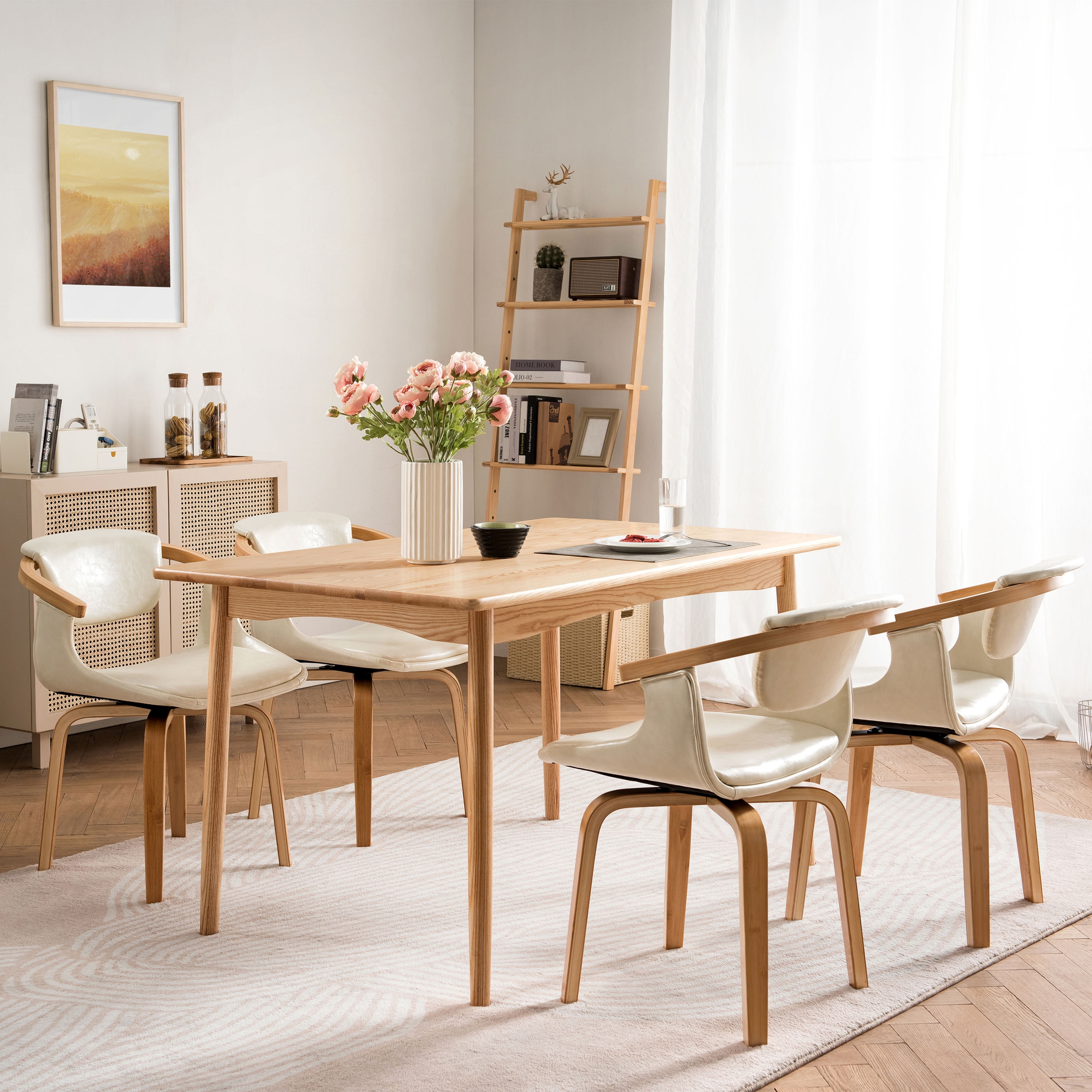 Art Leon Office Chair, Faux Leather Swivel Desk Chair with Wood Legs, Off-white