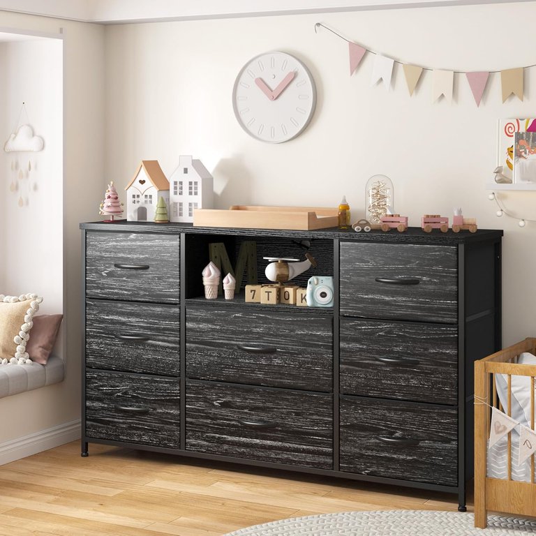 55 inch black dresser Black Fabric Dresser With Charging Station And LED Lights
