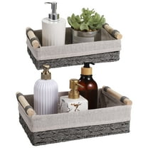 Set of 2 Paper Rope Storage Baskets, Wicker Baskets with Wooden Handles, Decorative Organizer Bins with Removable Liners, Small Toilet Tank Baskets for Bathroom, Kitchen