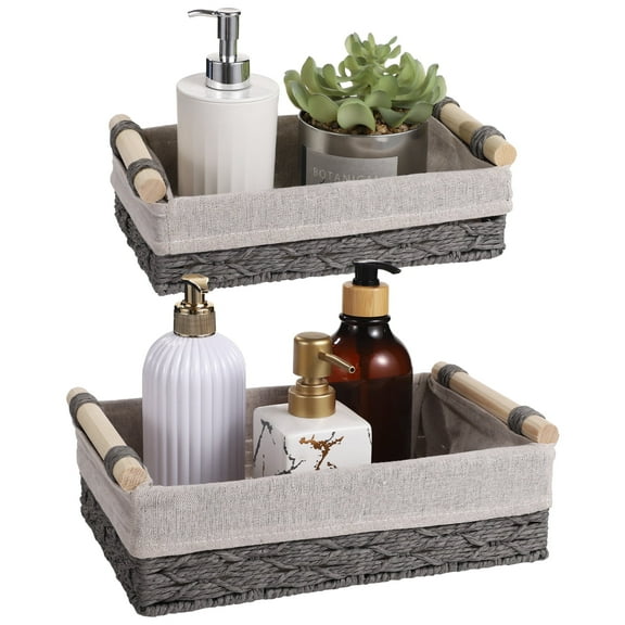 Set of 2 Paper Rope Storage Baskets, Wicker Baskets with Wooden Handles, Decorative Organizer Bins with Removable Liners, Small Toilet Tank Baskets for Bathroom, Kitchen
