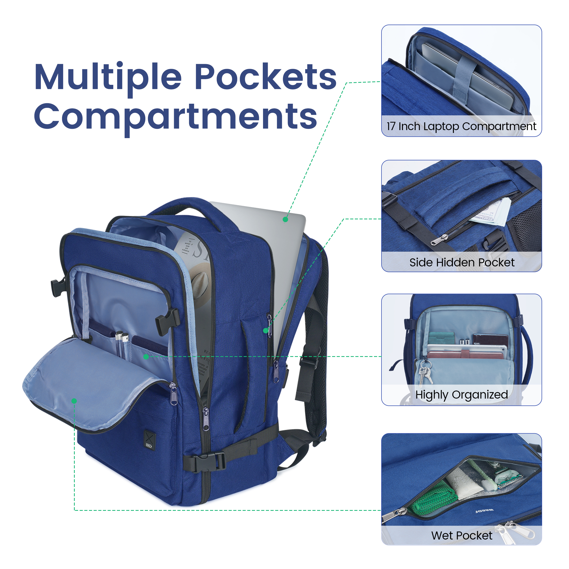 Business Travel Backpack Fits 17 Inch Laptop for Personal Item Bag 18x14x8 Clamshell Opening Carry on Laptop Backpack for Men with Wet Pocket, Blue