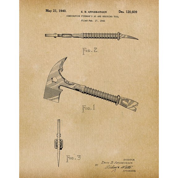Original Fireman's Ax Artwork Submitted In 1940 - Fire and Rescue - Patent Art Print