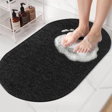Oval Loofah Shower Mat Non Slip, 27x16 Inch, Black | Bath Mat for Textured Tub & Inside Shower Stall, No Suction Cups Quick Drying PVC Porous Floor Mat, Soft Foot