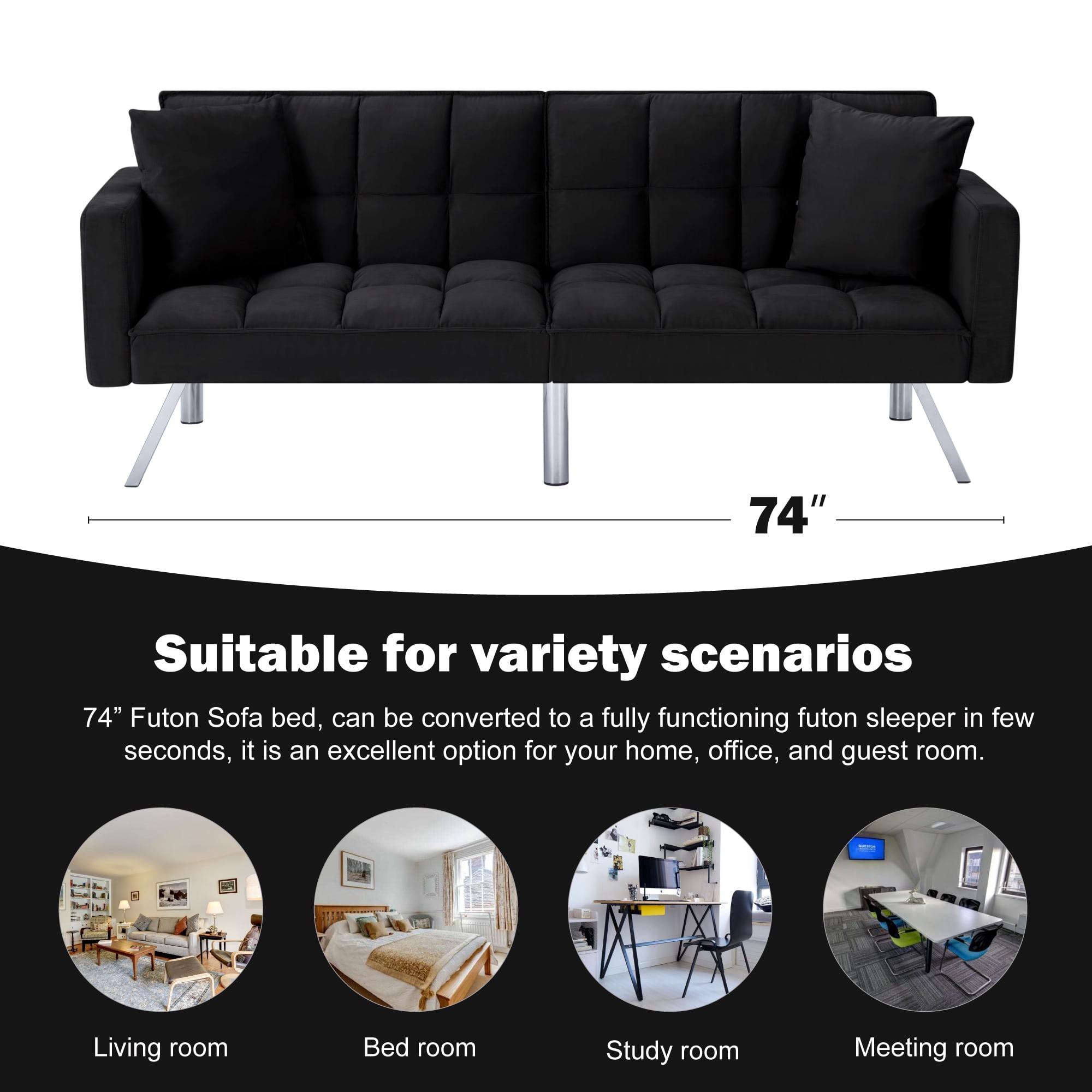 BSHTI 74" Velvet Convertible Futon Sofa Bed with Split Back & Square Tufting, 3-Position Adjustable, Metal Legs, 2 Toss Pillows for Living Room & Guest Room, Black