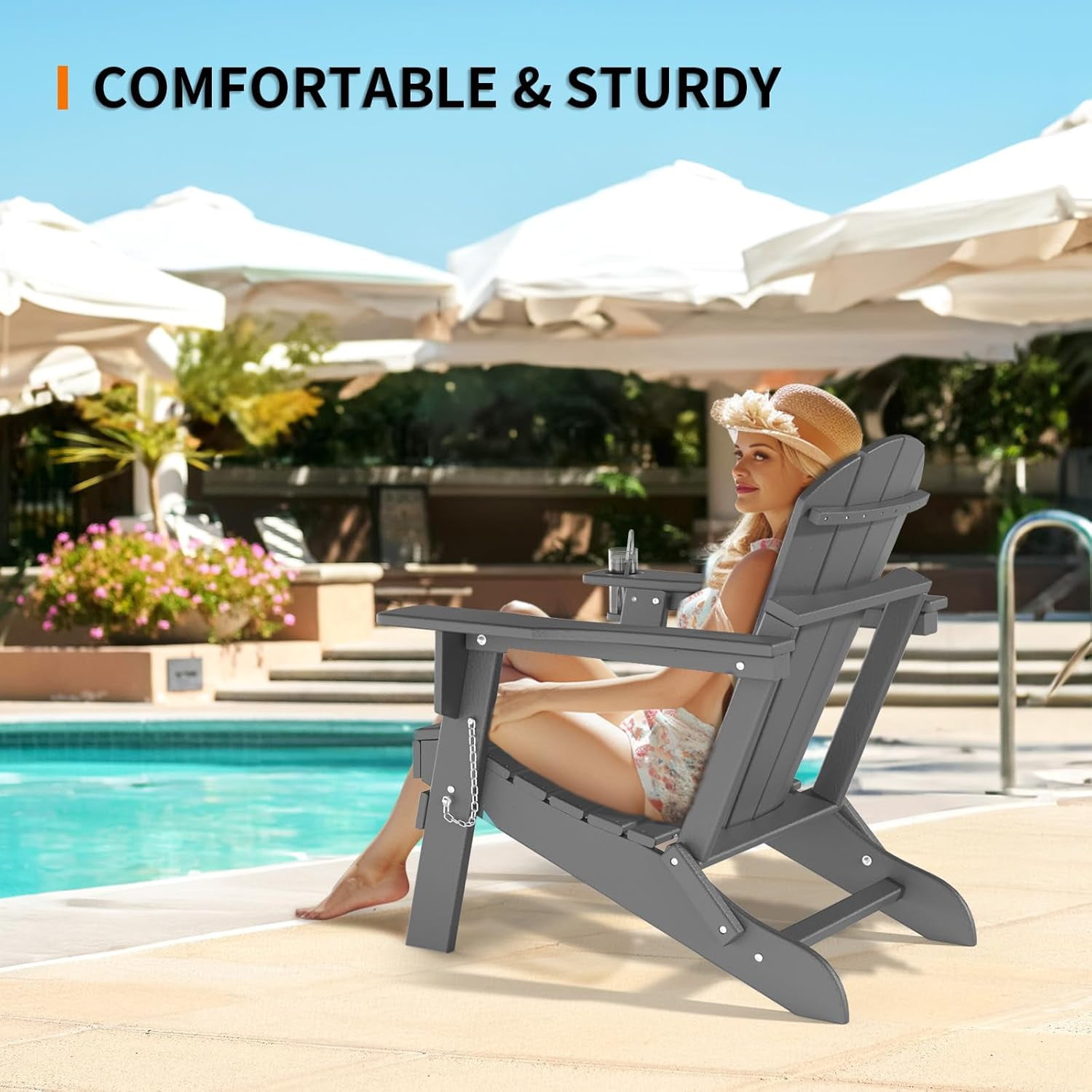 WBTER Plastic Adirondack Chairs, Folding with Cup Holder, Waterproof HDPE Material, Comfortable 380lb Weight Capacity for Outdoor Pool Patio Lounge Chair Lawn Furniture Firepit (Gray)