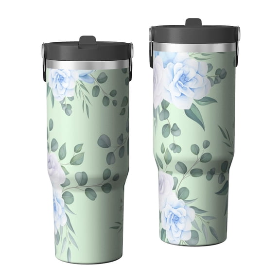 Floral 30oz Handheld Travel Tumbler with Handle – Double Wall Stainless Steel Insulated Cup, Flip Straw Lid, Leak-Proof & BPA-Free, Durable Hot & Cold Drink Mug,Thanksgiving, Xmas, Spring ,Flower