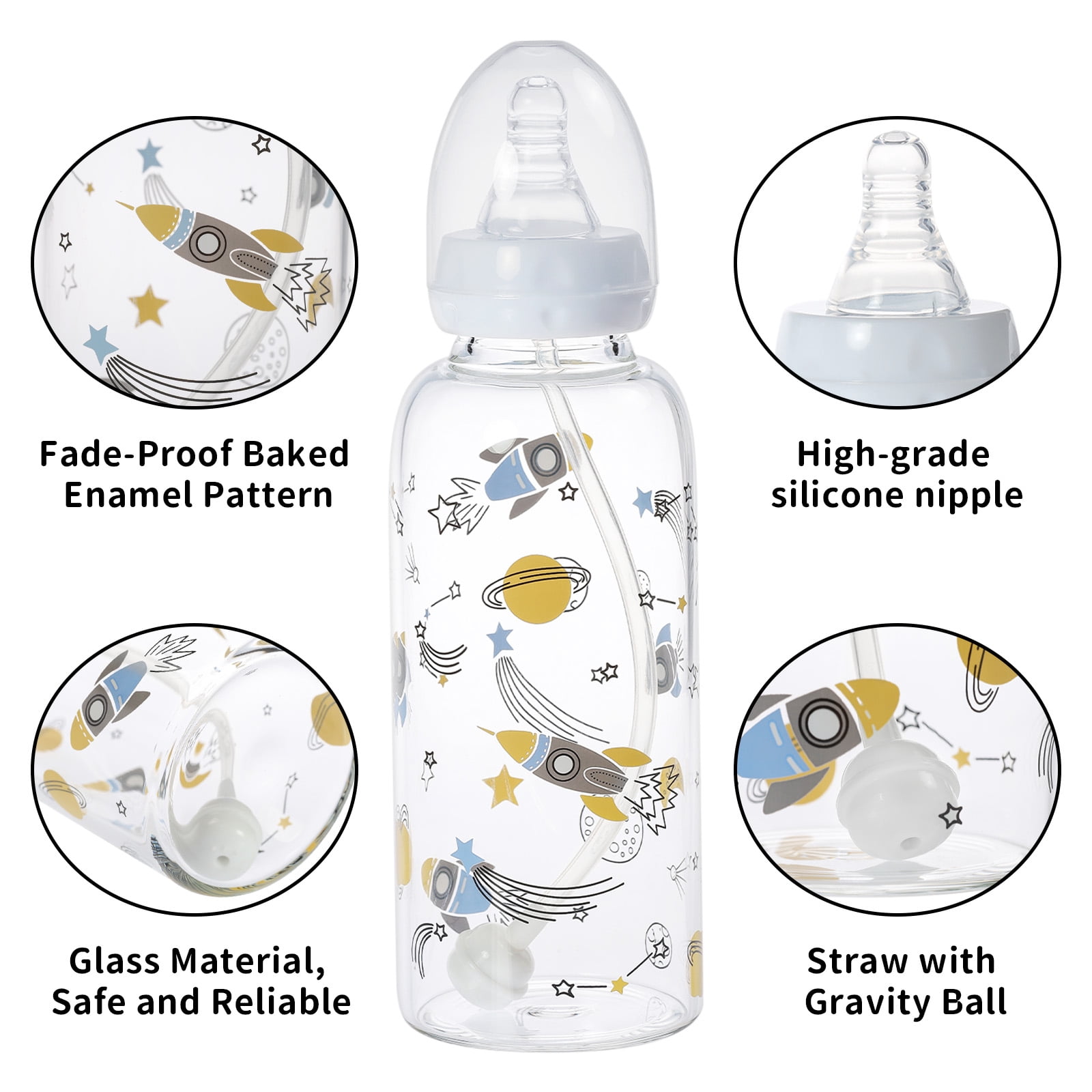 CutiePlusU Adult Glass Feeding Bottle Cute Printed Large Size Baby Bottles 13.5Oz/400ML Cosmic Adventurer