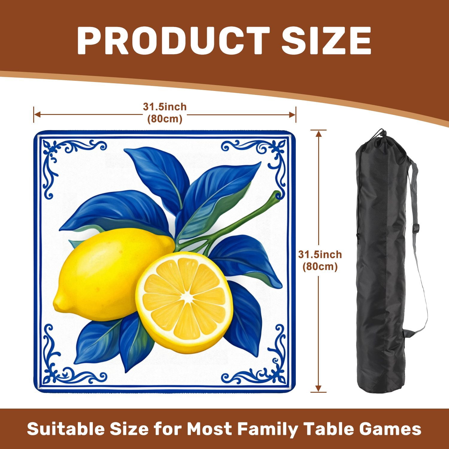 Mahjong Mat 31.5" x 31.5" Yellow Lemons Blue Leaves Decorative Frame Non-Slip Noise Reduction American Mahjong Tiles Table Cover for Dominoes Poker Card Board Games Gift