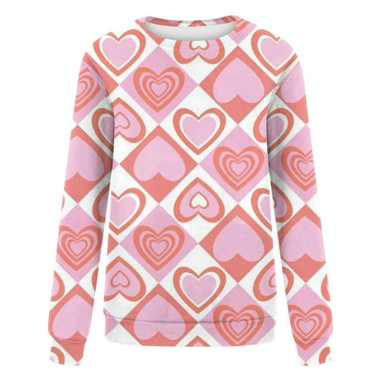 RQYYD Valentine's Day Sweatshirts For Women Love Heart Print Sweatshirt  Casual Loose Crew Neck Graphic Pullovers Tees Pink L 