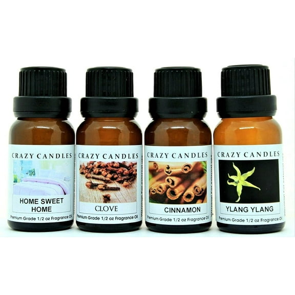 Crazy Candles 4 Bottles Set, 1 Home Sweet Home, 1 Clove, 1 Cinnamon, 1 Ylang Ylang 1/2 Fl Oz Each (15ml) Premium Grade Scented Fragrance Oils