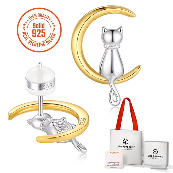 Just Being Cute Cat Moon Earrings for Women, Pure Sterling Silver Stud Earrings Birthday Easter Basket Stuffers Jewelry Gifts Her Wife Lady Adults Ideas