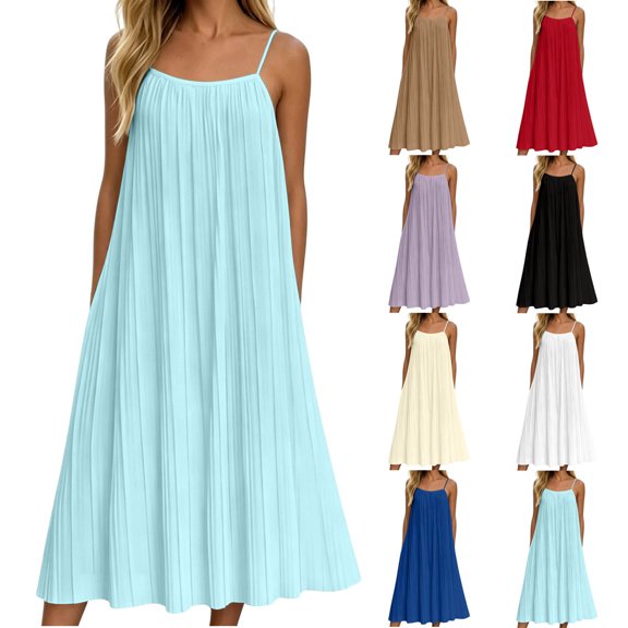 Horkkom Spaghetti Strap Dresses for Women V Neck Short Sleeve Solid Color Maxi Dresses Pleated Loose Casual Dresses, S-2XL