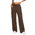 thumbnail image 4 of Women's Fleece Lined Cargo Pants Elastic Waist Drawstring Wide Leg Casual Lounge Trousers Cozy Fall Winter Jogger Pants with Pockets Coffee, 4 of 9