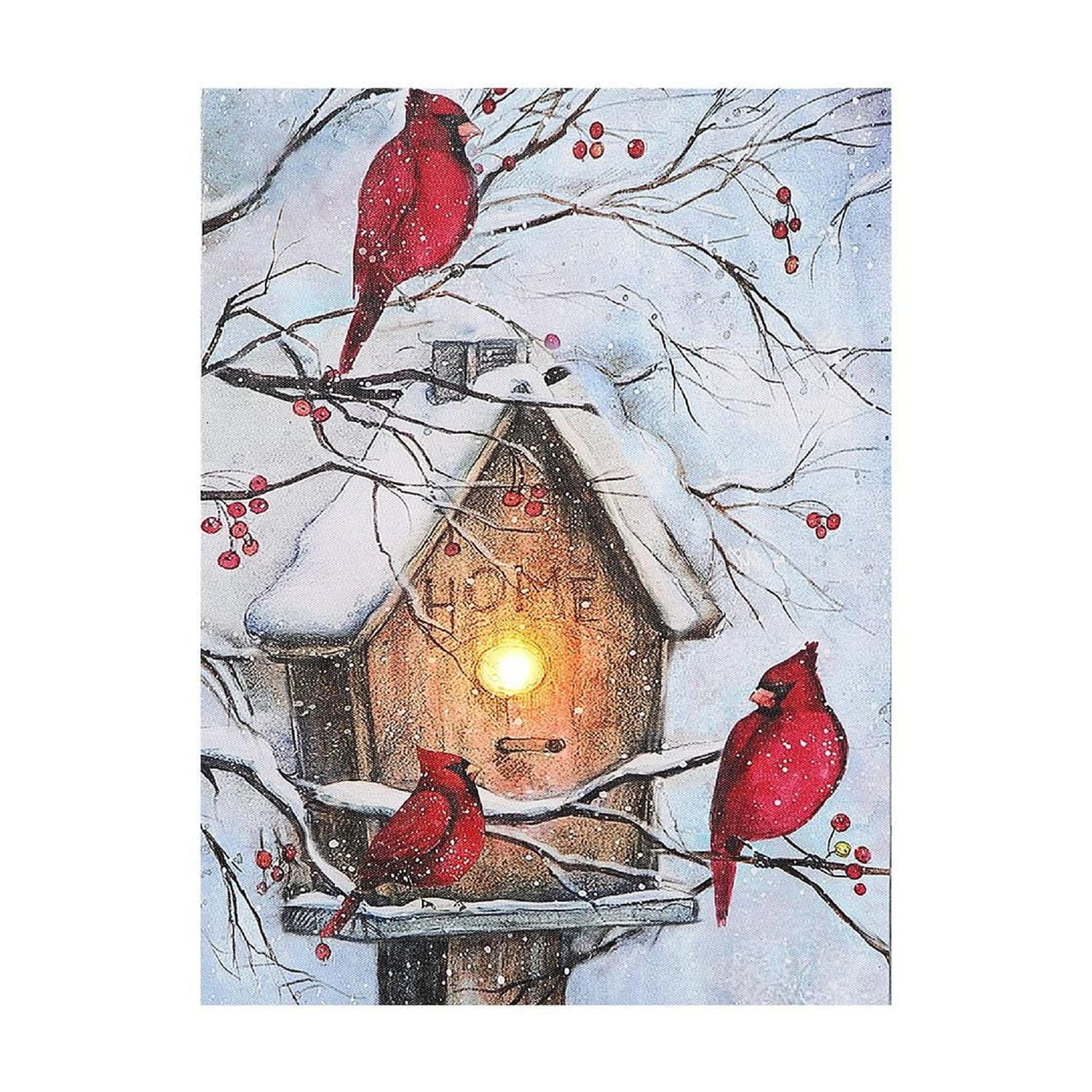 Christmas Led Canvas Wall Art Cardinal With Birdhouse 12X16