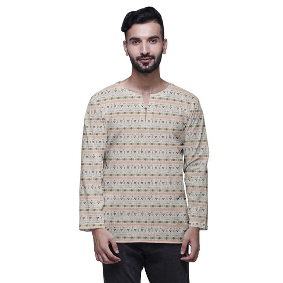 Atasi Printed Cotton Long Sleeve Shirt Casual Short Kurta For Men Summer Wear