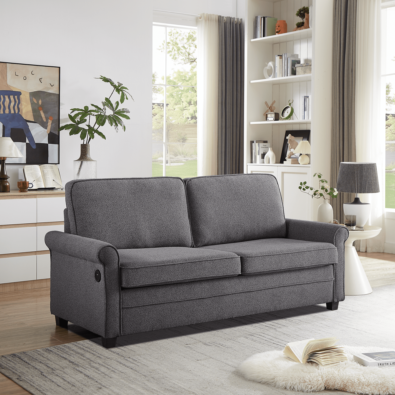 Full Sleeper Sofa Bed, 2-in-1 Pull Out Couch w/Mattress & USB Charging, Compact Loveseat for Small Spaces, Living Room & Bedroom, Dark Grey