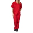 thumbnail image 1 of Uniforme de trabajo de enfermería con cuello en V y bolsillos de color sólido europeo y americano para mujer, 1 of 4