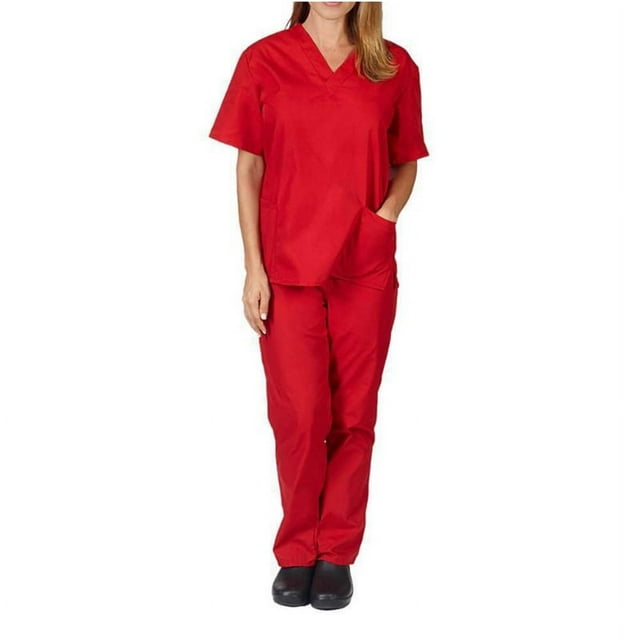 Uniforme de trabajo de enfermería con cuello en V y bolsillos de color sólido europeo y americano para mujer