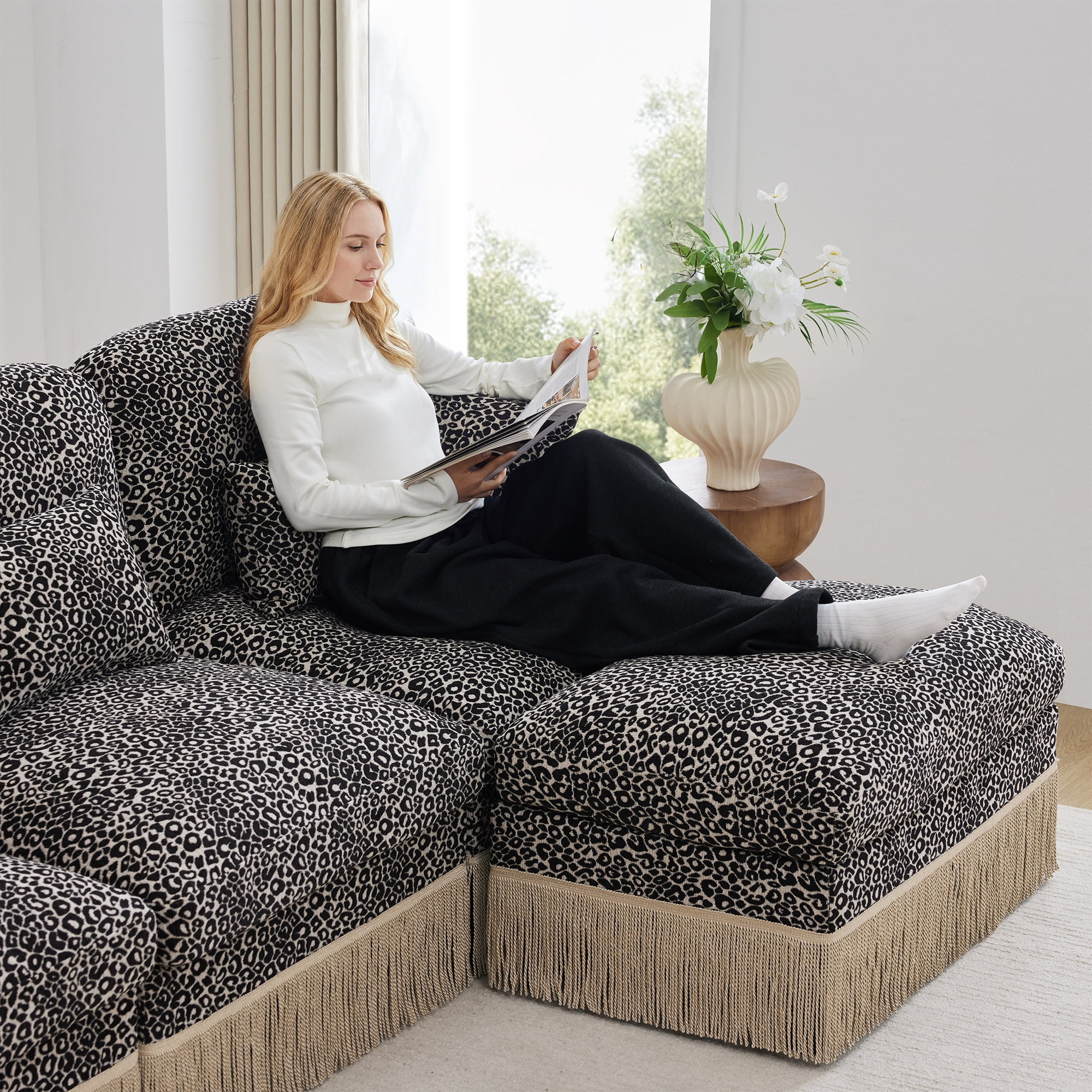 HUTWIFE Home Leopard Print Chenille Modular Sectional Sofas with 1 Movable Ottoman, Khaki Black
