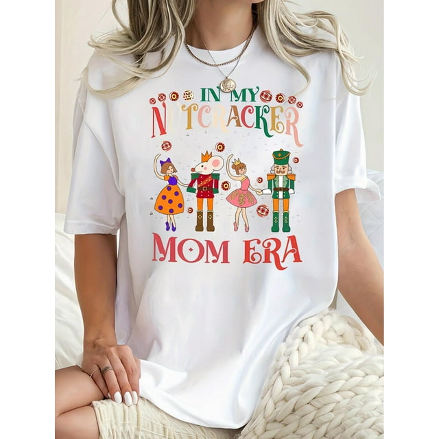 1pc Women'S Casual Crew Neck T-Shirt with Colorful Fairy Tale Characters Print, Polyester Knit Fabric with Medium Stretch, Geometric Pattern, Fashionable Short Sleeve Top for all Seasons