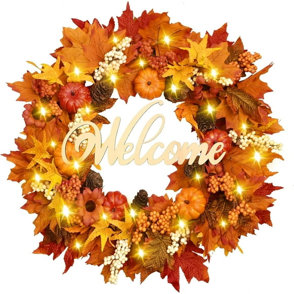 Fall Decor, Fall Wreaths for Front Door, Autumn Wreath with Lights and Welcome Sign, 20'' Outdoor Reef for Thanksgiving Farmhouse Front Porch Patio Decoration
