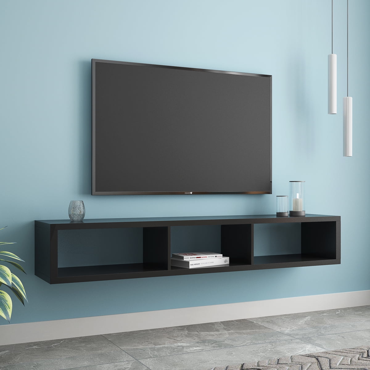 Shallow Floating TV Console,Wall Mounted Media Console,TV Stand Component  Shelf Storage Shelf for Living Room (Black)