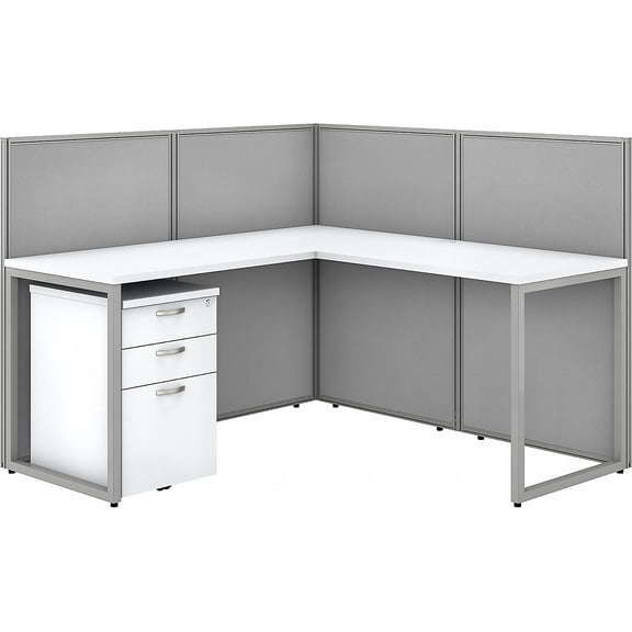 Easy Office L Shaped Desk with Drawers and 45H Panels in White - Engineered Wood