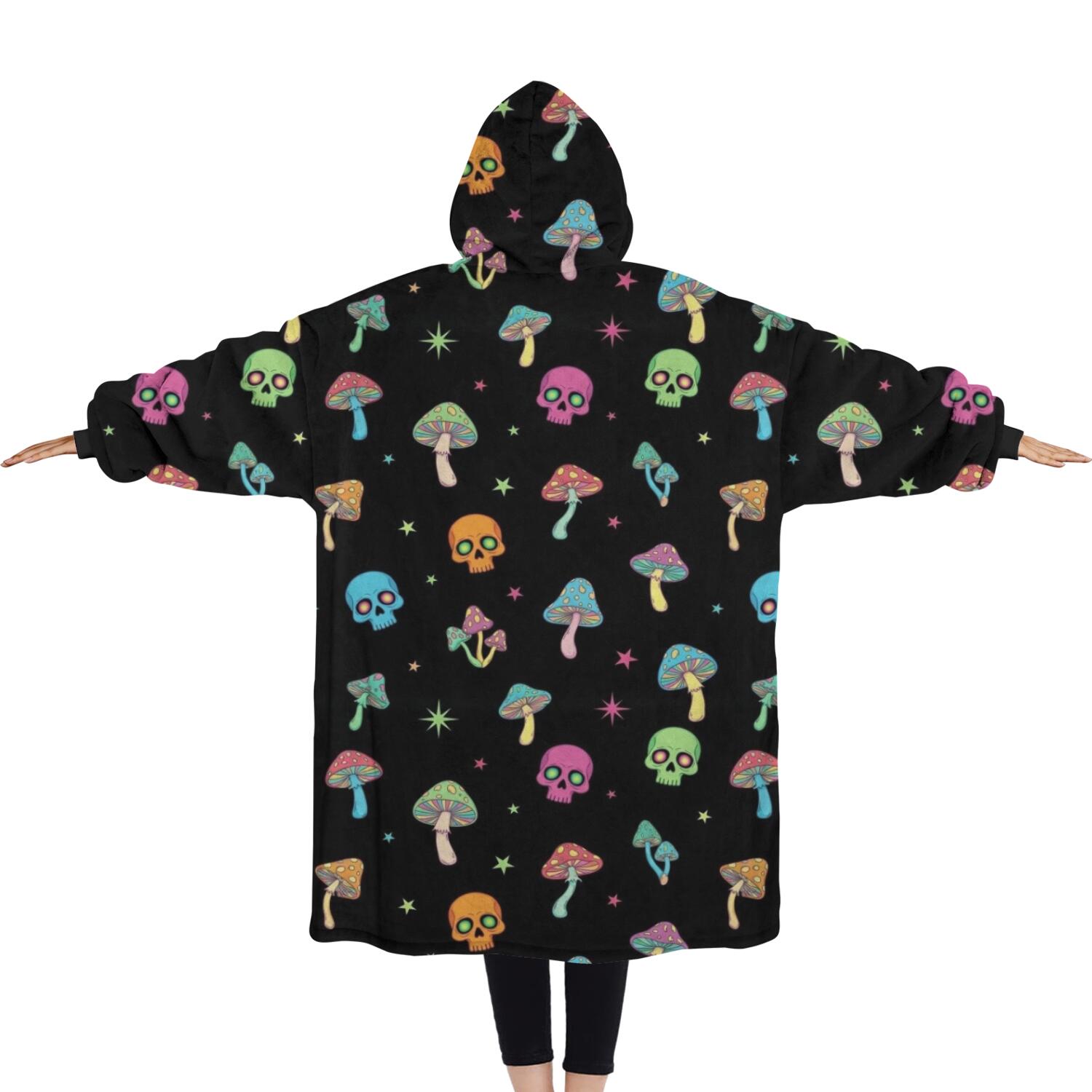 Oversized Wearable Blanket Hoodie,Black Colorful Skull Mushroom Pattern Sherpa Blanket Hoodie with Super Pockets,Super Warm Fuzzy Pullover for Women & Men
