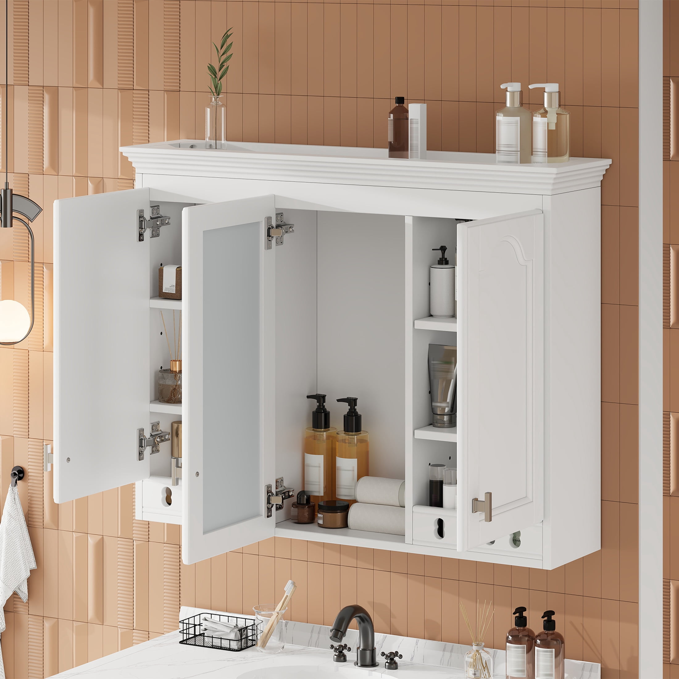 Noble House 35" Wall Mounted Mirror Cabinet with Adjustable Shelves, Soft-Close Hinges, White