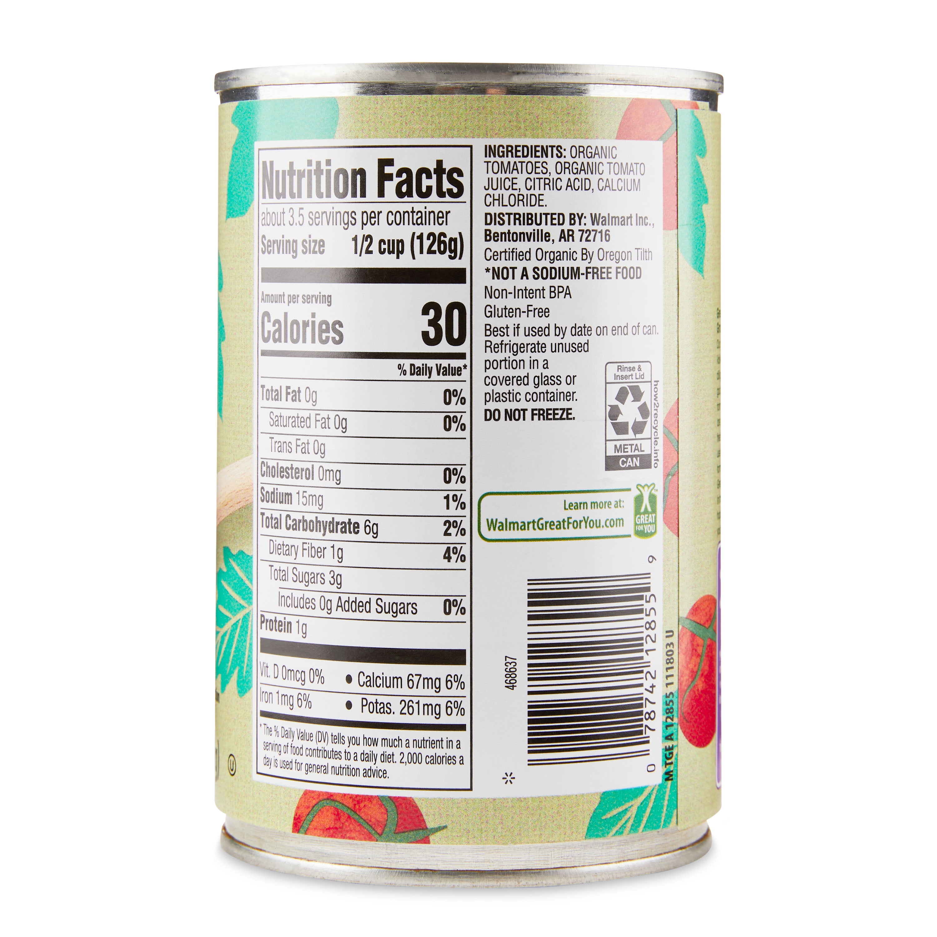 Great Value Organic No Salt Added Diced Tomatoes, 14.5 oz