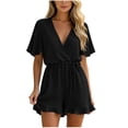 thumbnail image 3 of VBVC Women's Wrap V-Neck Drawstring Romper , Ladies' Ruffle Short Sleeve Jumpsuit , Casual Summer Playsuit For Women,Black,S-3XL, 3 of 8