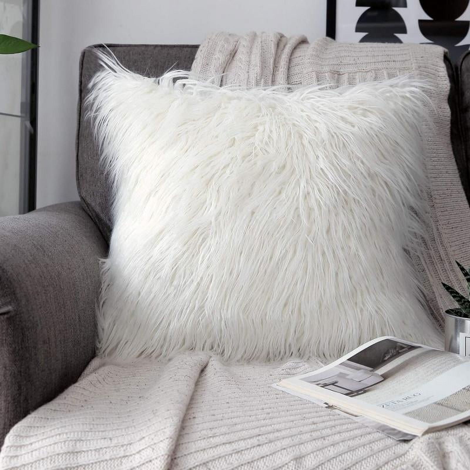 Phantoscope Merino Style Faux Fur Series Decorative Throw Pillow Bundle, 12" x 20"/18" x 18", White, 2 Pack