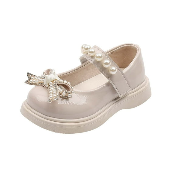 EnJoCho Girls White Leather Shoes Children Fashion Pearl Bow Tie Hook Loop Princess Shoes Dance Shoes Toddler Kids Cute Casual Shoes