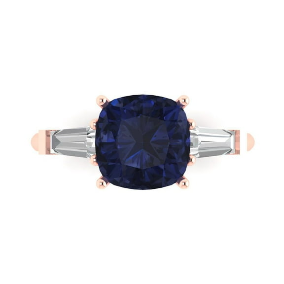 Three-Stone Engagement Ring for Women - 3ct Simulated Blue Sapphire in 14K Rose Gold Promise Ring