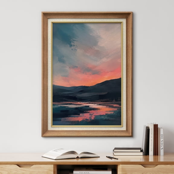 Premium Frame Wall Art Abstract Sunset Over Calm Lake Print Modern Minimal Seascape Landscape Wall Decor for Living Room, Office - 26"x36" Natural