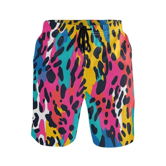 Rainbow Color Leopard Print Mens Swim Trunks Quick Dry Board Shorts Breathable Fit Beach Shorts Swimwear