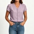 thumbnail image 7 of Tqcoqu Womens Cotton Linen Button Down Shirts,Casual Short Sleeve Solid Summer Blouses Tops with Pocket,Purple Women's M-XXXL, 7 of 7