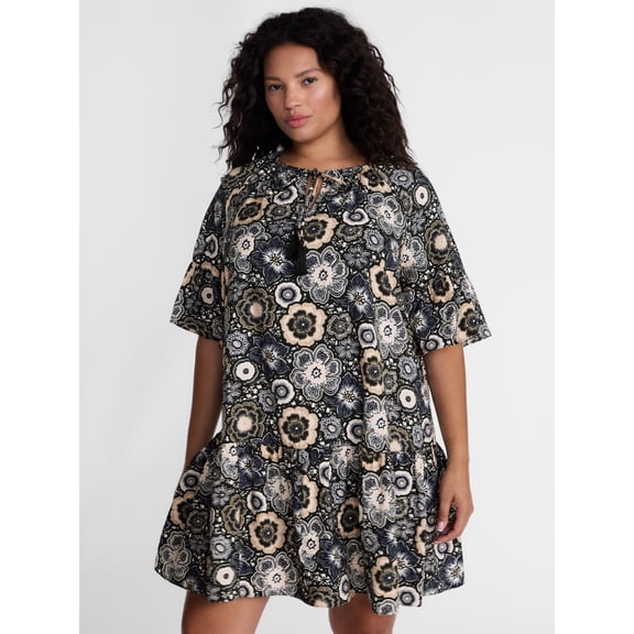 Terra & Sky Women's Plus Tie Front Mini Swing Dress with Short Puff Sleeves, Sizes 0X-4X