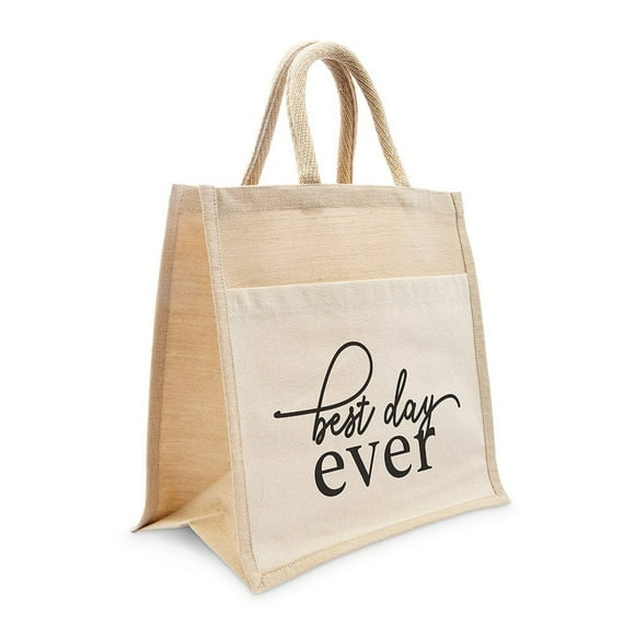 Weddingstar Medium Reusable Woven Jute Tote Bag With Pocket - Best Day Ever