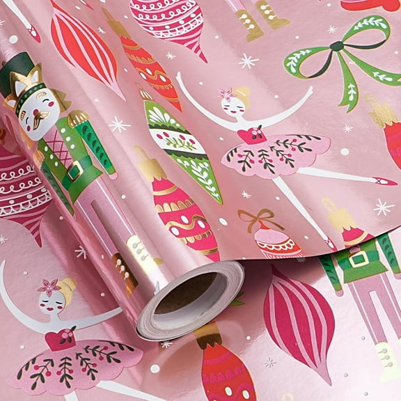 WarmHaven Pink Nutcracker Christmas Wrapping Paper Roll, Nutcracker Ballerina Festive Ornaments, Rose Gold Foil Design for Winter Holidays, for Girls Kids Women, Mini Roll 17 in x 16.4 Ft