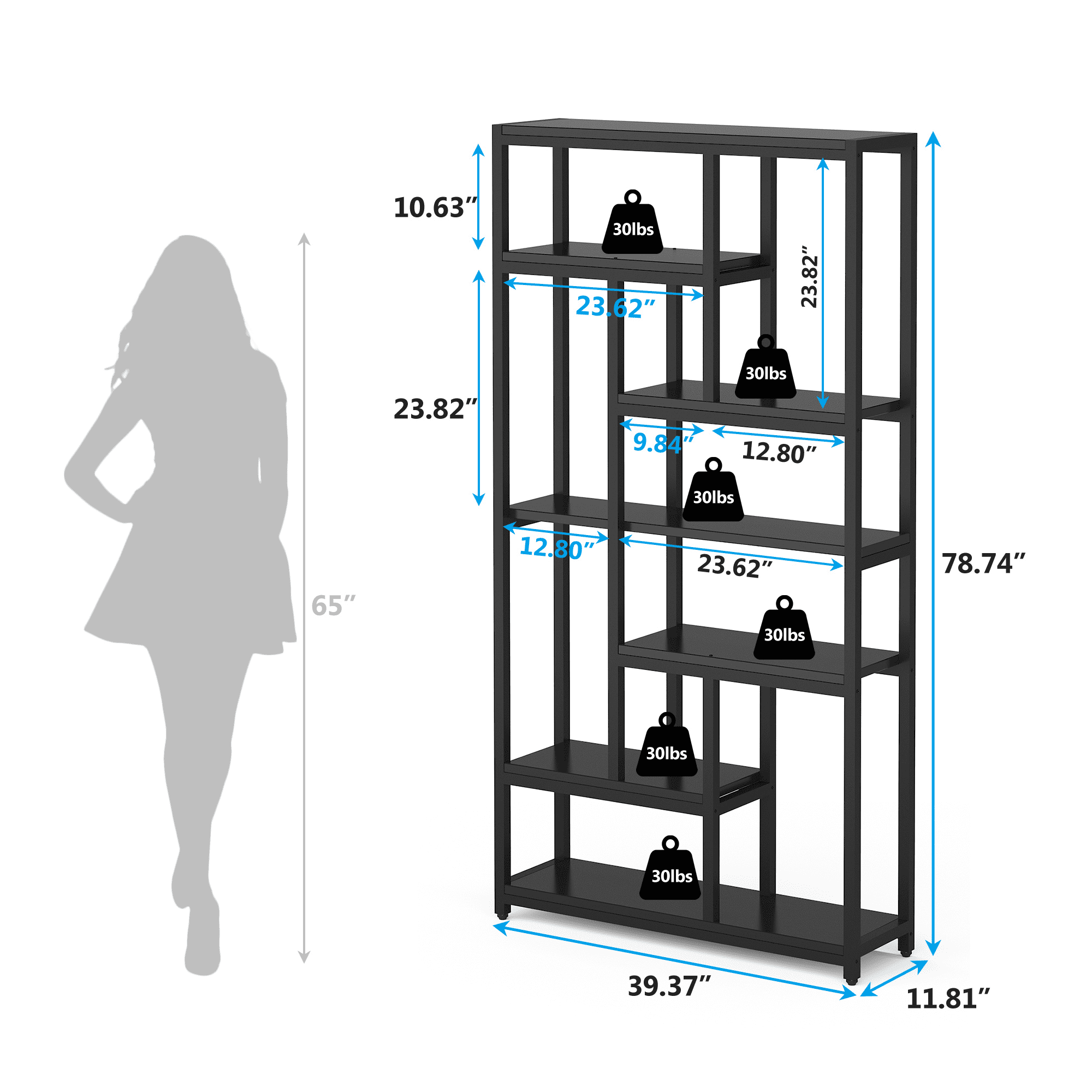 MAYEERTY Industrial Extra Tall Bookcase, 79 Inch 10 Open Staggered Storage Shelves with Anti-Tip Accessories for Living Room & Office