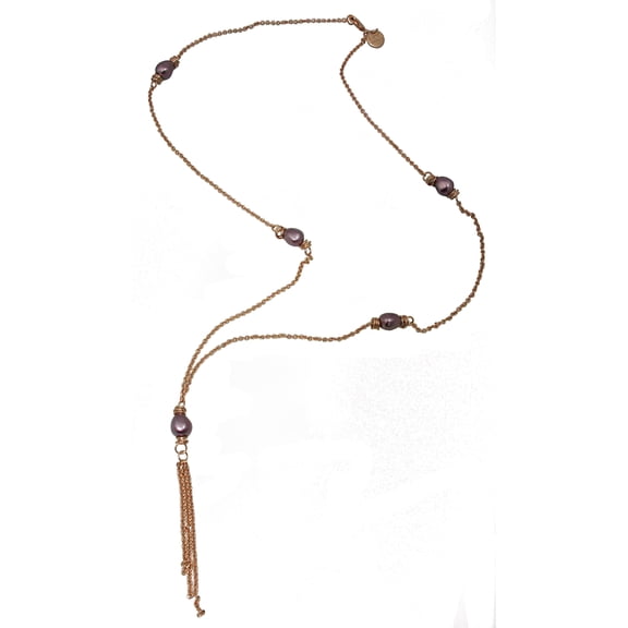 X & O 18KT Rose Gold Electroplated Y Necklace with magenta shell pearls ***