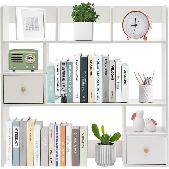 Mahugde 9 Compartments Desktop Bookshelf 31.5" White Tall Desktop Organizer Shelf 3 Tier Home Office Desk Organizer with 7 Compartment & 2 Drawer for Home Office