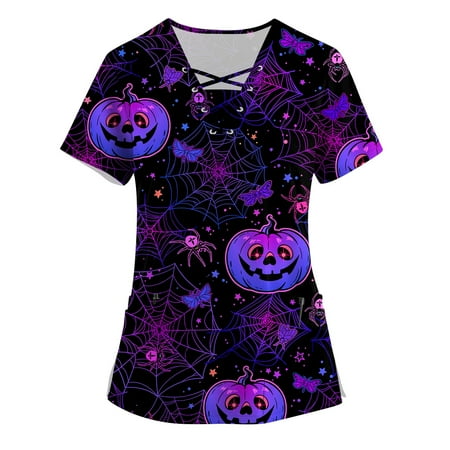 

DENGDENG Fitted Scrubs for Women Halloween Pumpkin Printed Clothes Maternity V Neck Short Sleeve Nurse Uniform Cute Patterned Fall Scrub Tops Clearance with Pockets Plus Size Shirts Dark Purple S