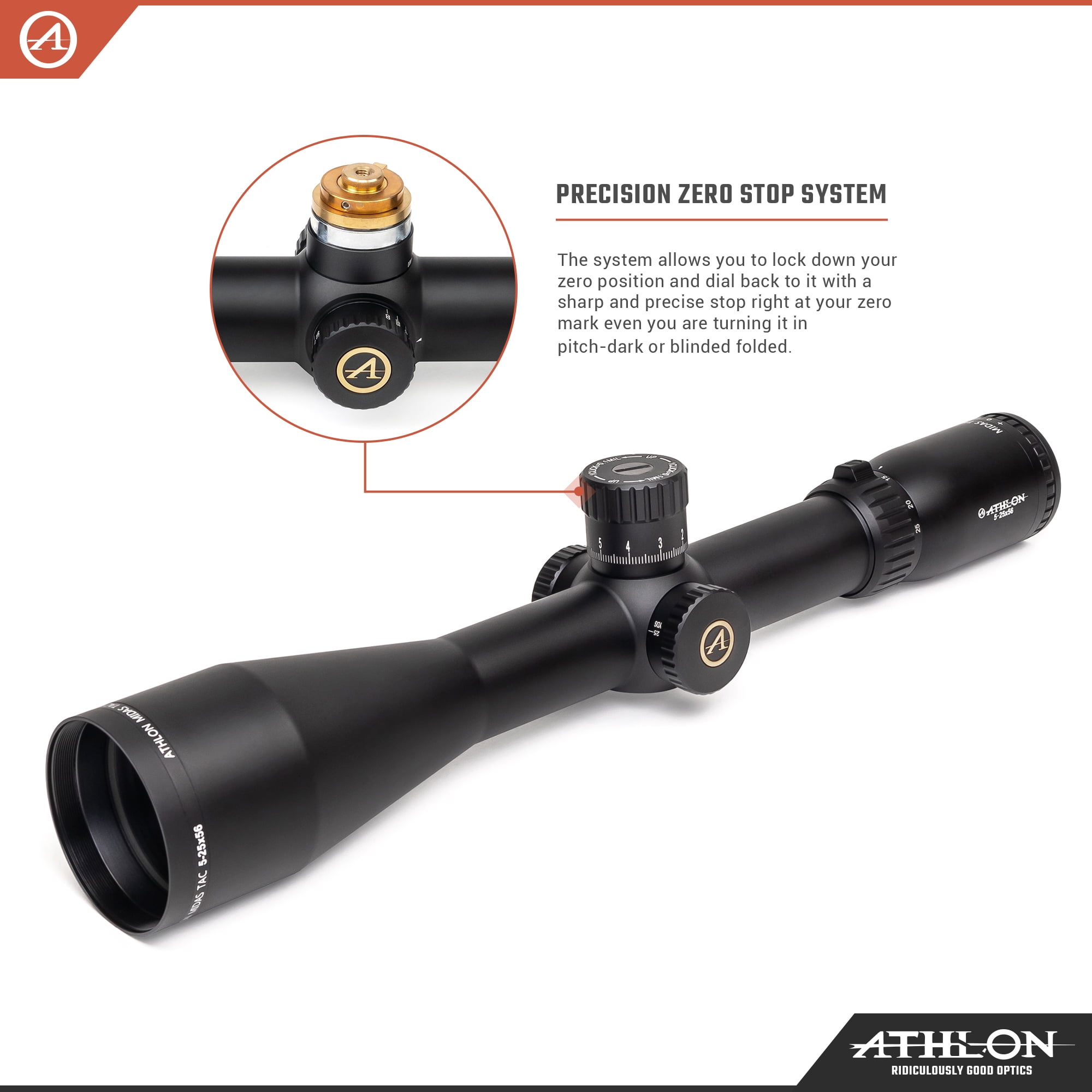 Athlon Optics Midas TAC HD 5-25x56 Direct Dial Elevation and Capped Windage Turrets, Side Focus, 34mm, APRS3 FFP MIL Riflescope