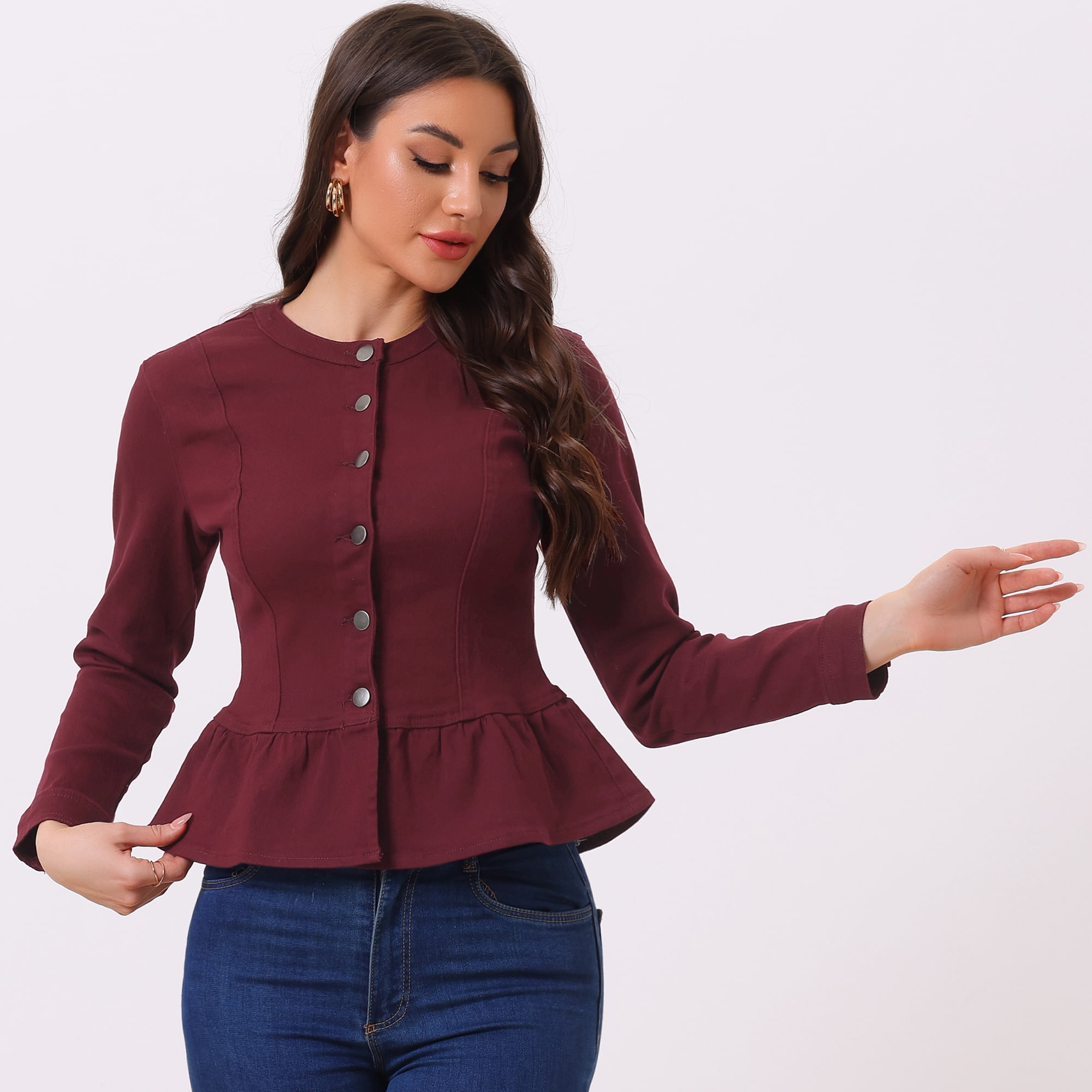 DARING DIVA Women's Button Down Cropped Ruffle Hem Denim Jacket M Burgundy