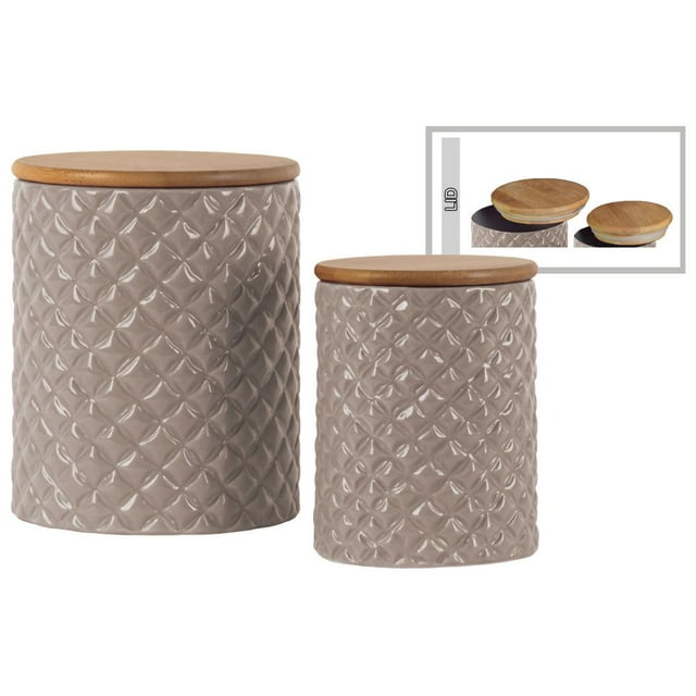 Cylindrical Ceramic Canister With Lattice Diamond Design, Set of 2, Taupe Gray