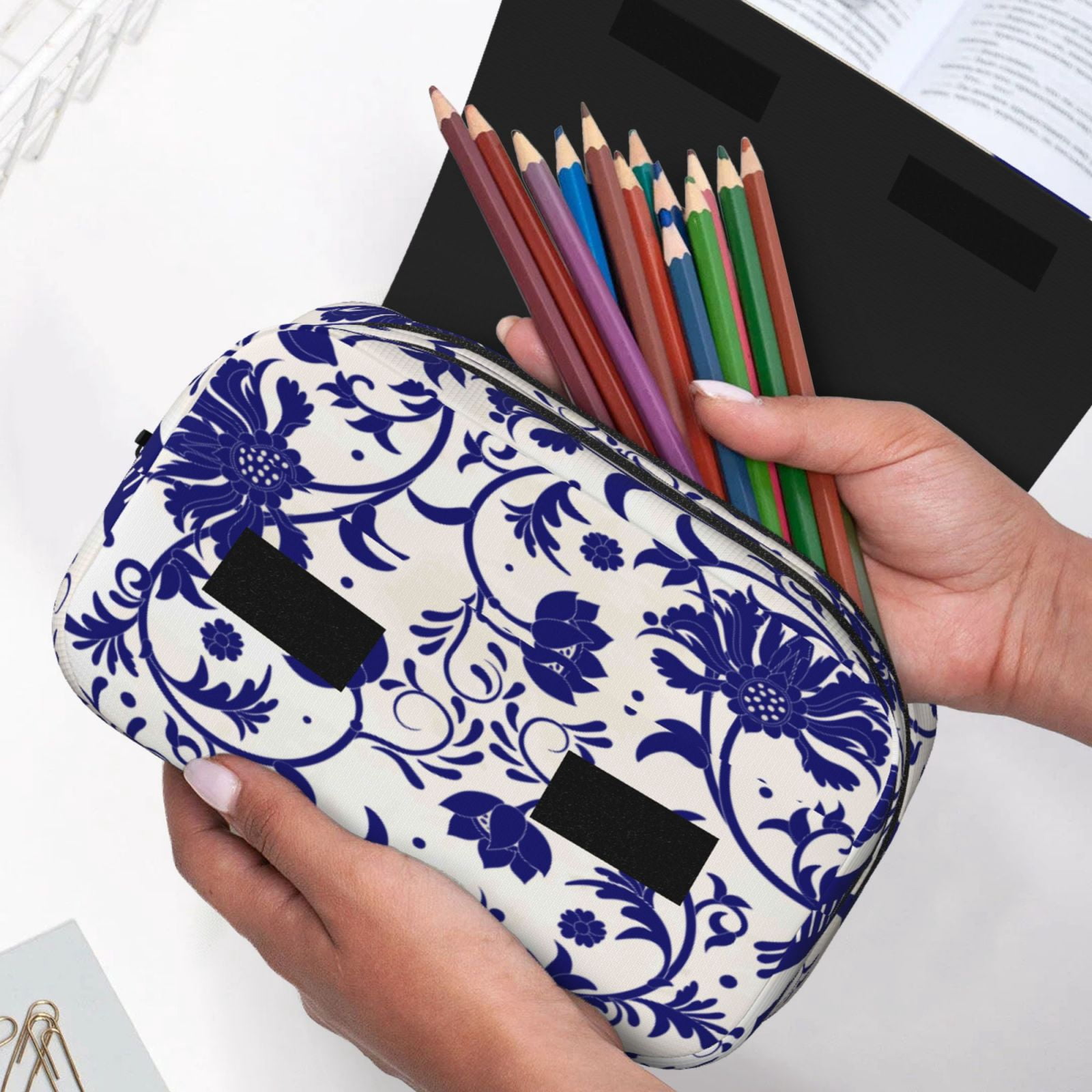 Rateoe Blue And White Porcelain Pattern Pattern Double Clamshell Pen Case, Storage Organizer with Two Zipper Compartments– Holds Up to 50 Pencils & Pens